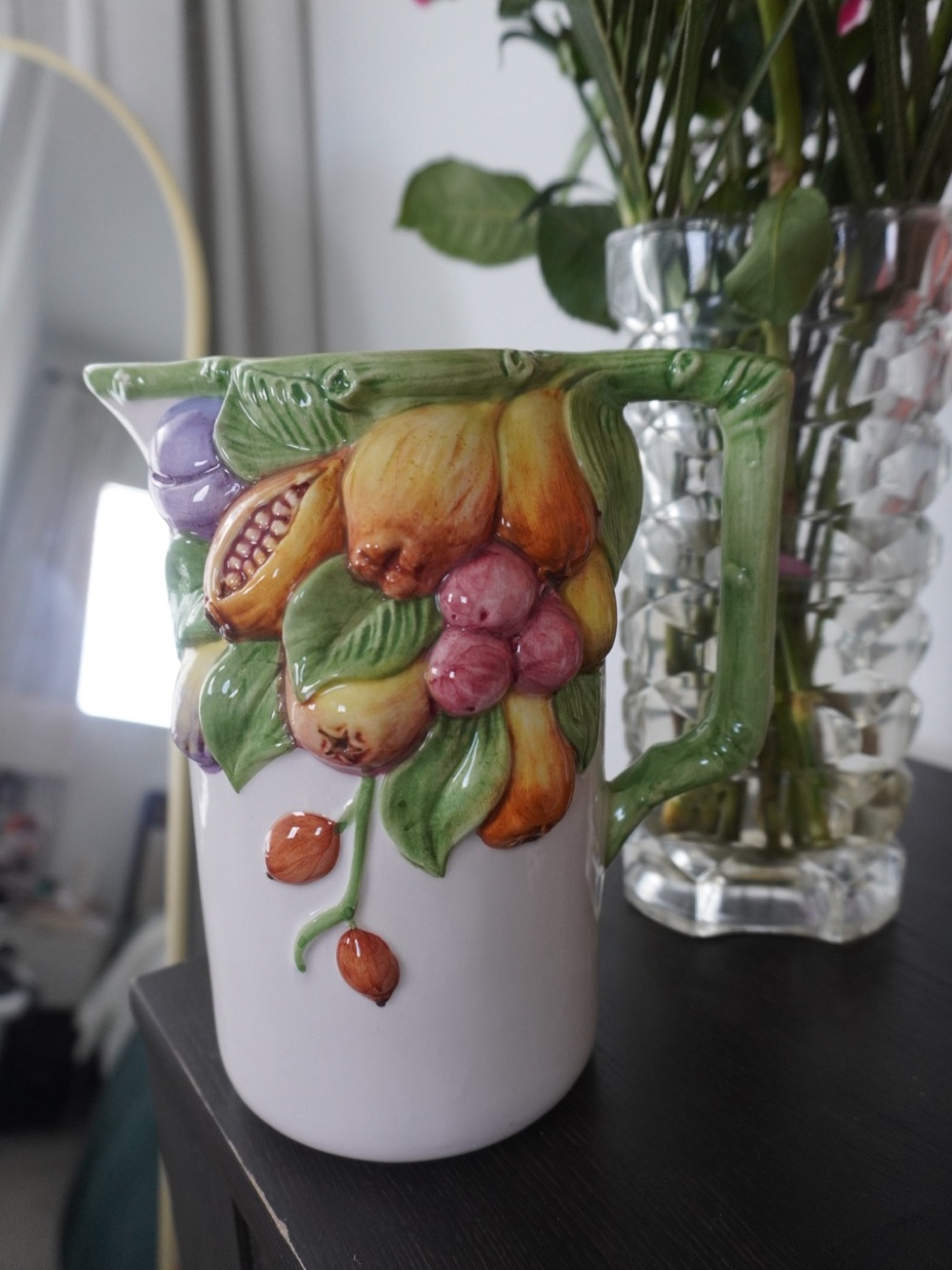 Vintage Hand-Painted Ceramic Fruit Pitcher in Green and Multicolor